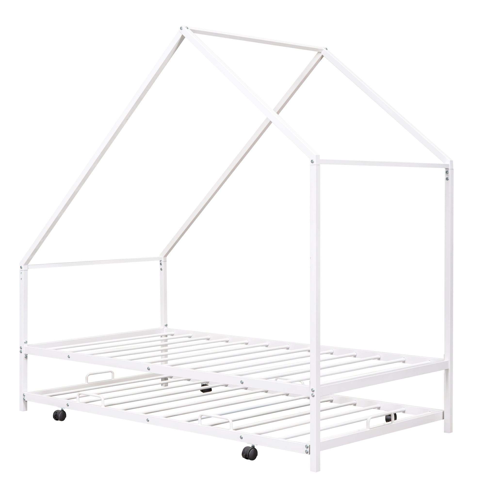 Gewnee Metal House Bed With Trundle,Kids Twin Size House-shaped Platform Bed Frame,White