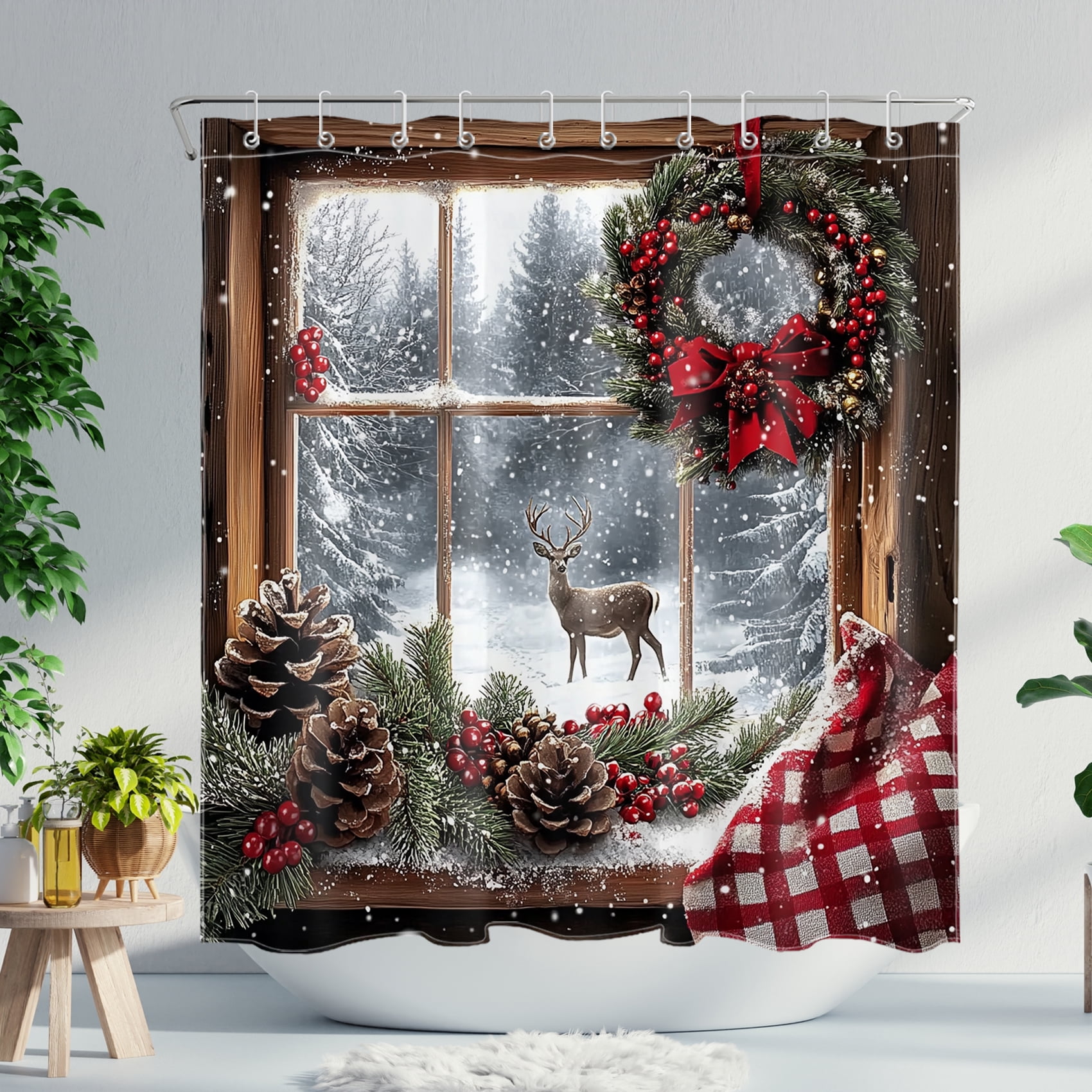 NEONWE Christmas Snowy Shower Curtain Farmhouse Window Wreath Winter Forest Deer Rustic Holiday Bathroom Shower Curtain Home Decor Polyester Waterproof Fabric with 10 Pack Plastic Hook 72" X 60"