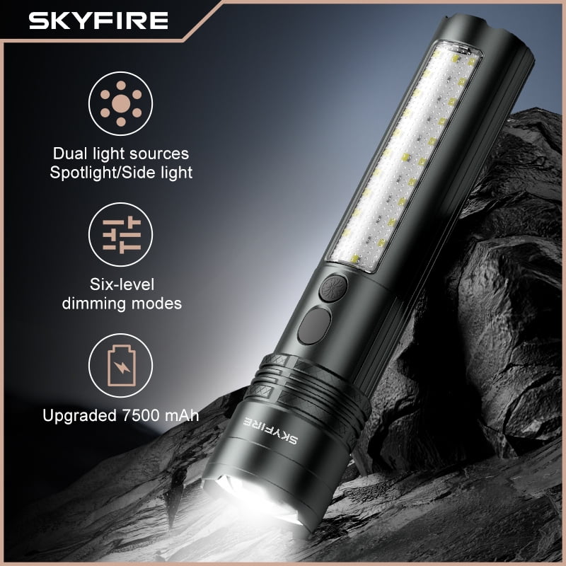 SKYFIRE Dual-Light Source Flashlight with Side Light, 7500mAh Power Bank Function, Type-C Charging, Zoomable, Digital Display, 6-Level Dimming, Outdoor Emergency Warning Light