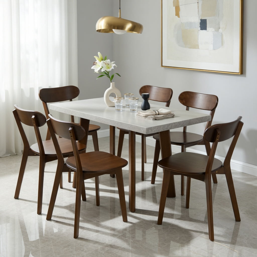 Hommoo 4 Pcs Mid Century Modern Solid Wood Dining Chairs, Ergonomic Curved Back, Adjustable Leveling Feet, for Dining Room, Kitchen & Living Room, Walnut