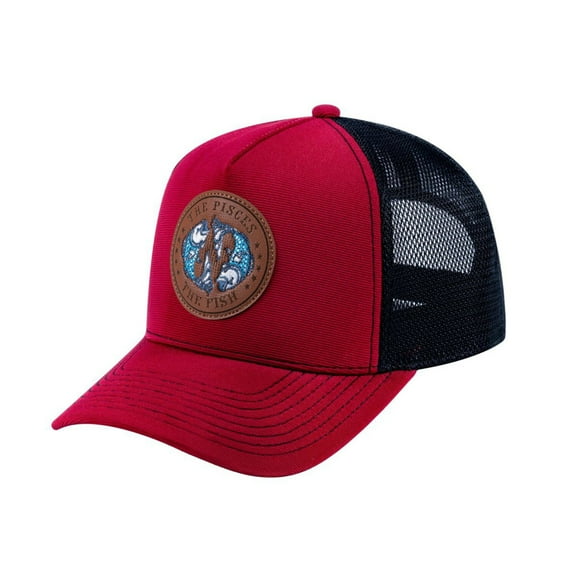Unisex V2 Embroidered And Laser-Engraved Pisces Zodiac (February 19, March 20), 5-Panel Trucker Hat, Burgundy/Black, Adjustable Fit