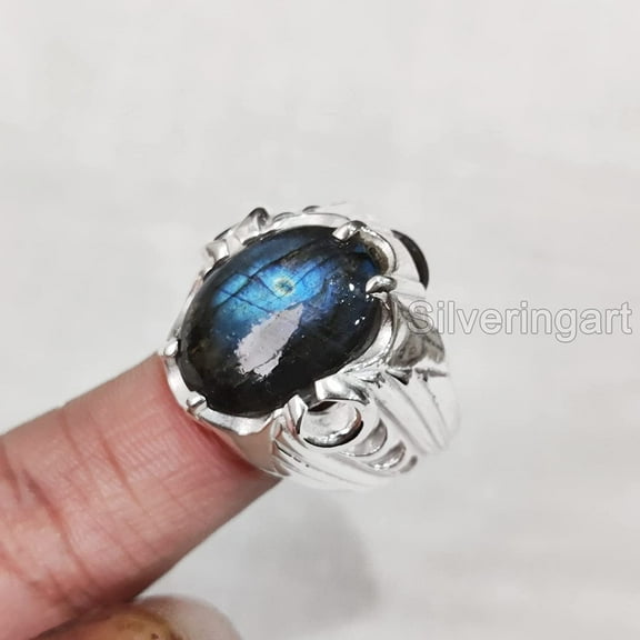 Labradorite Mans Ring, Natural Blue Fire Labradorite, Unisex Ring, Silver Jewelry, 925 Silver Ring, Birthday Gift, Heavy Men Ring, Arabic Design, Ottoman Style Ring, Christmas, Turkey Mens Signet Ring