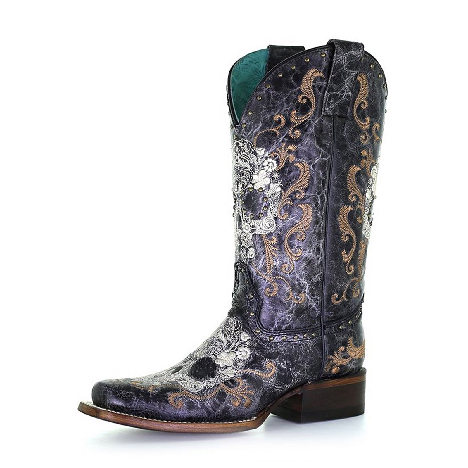 CORRAL Adult Female Floral Skull Embroidery & Studs Sq. Toe Boots, Color: Black/White, Size: 6, Width: M