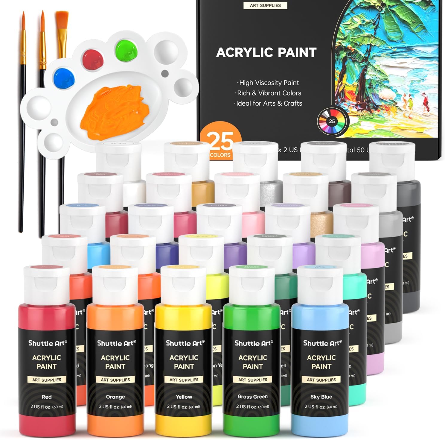 Shuttle Art Acrylic Paint Set, 25 Colors, 2oz Bottles