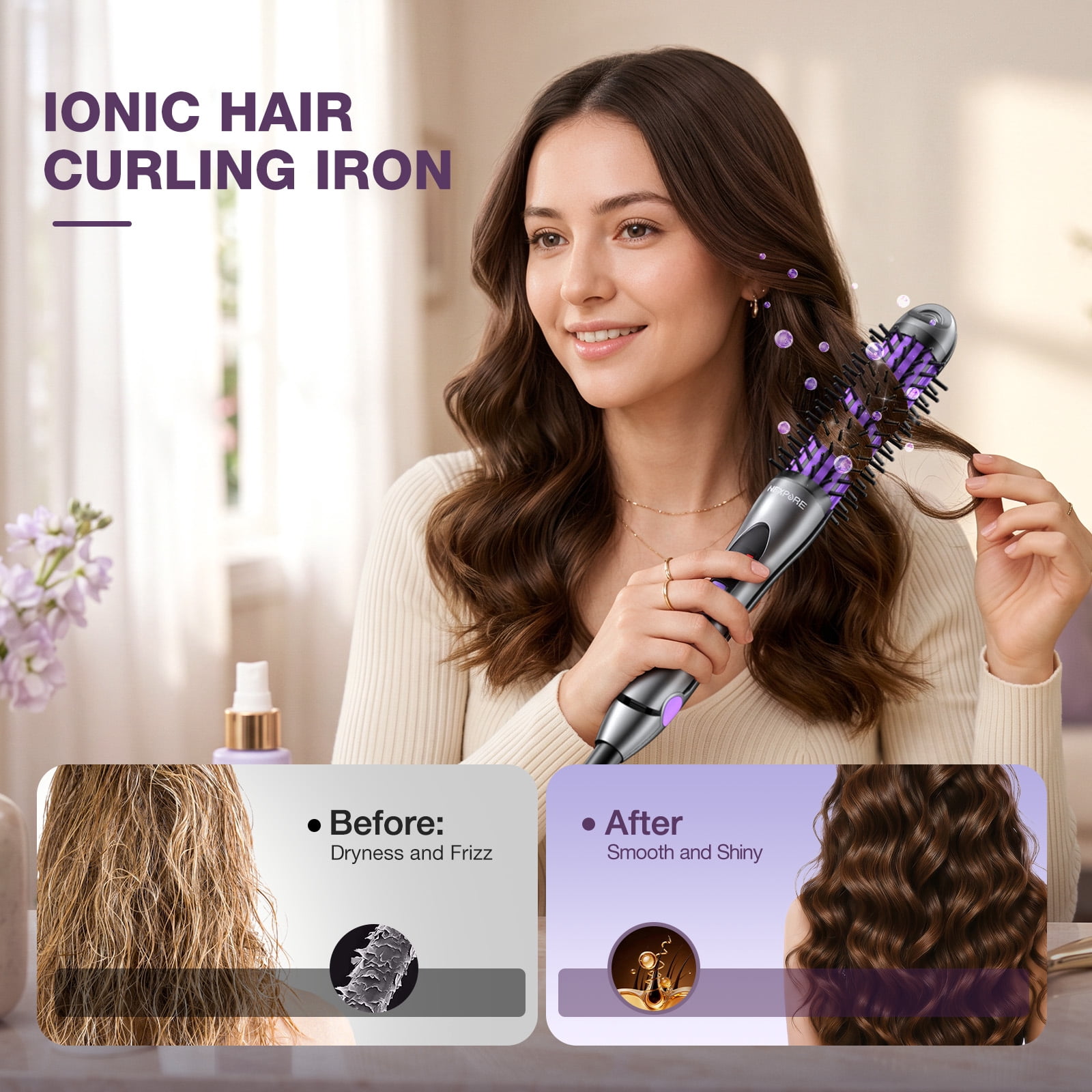 NEXPURE Curling Iron, Ionic Hair Curler Brush and Straightener 2 in 1 for All Hair Types, 30s Fast Heat, Purple