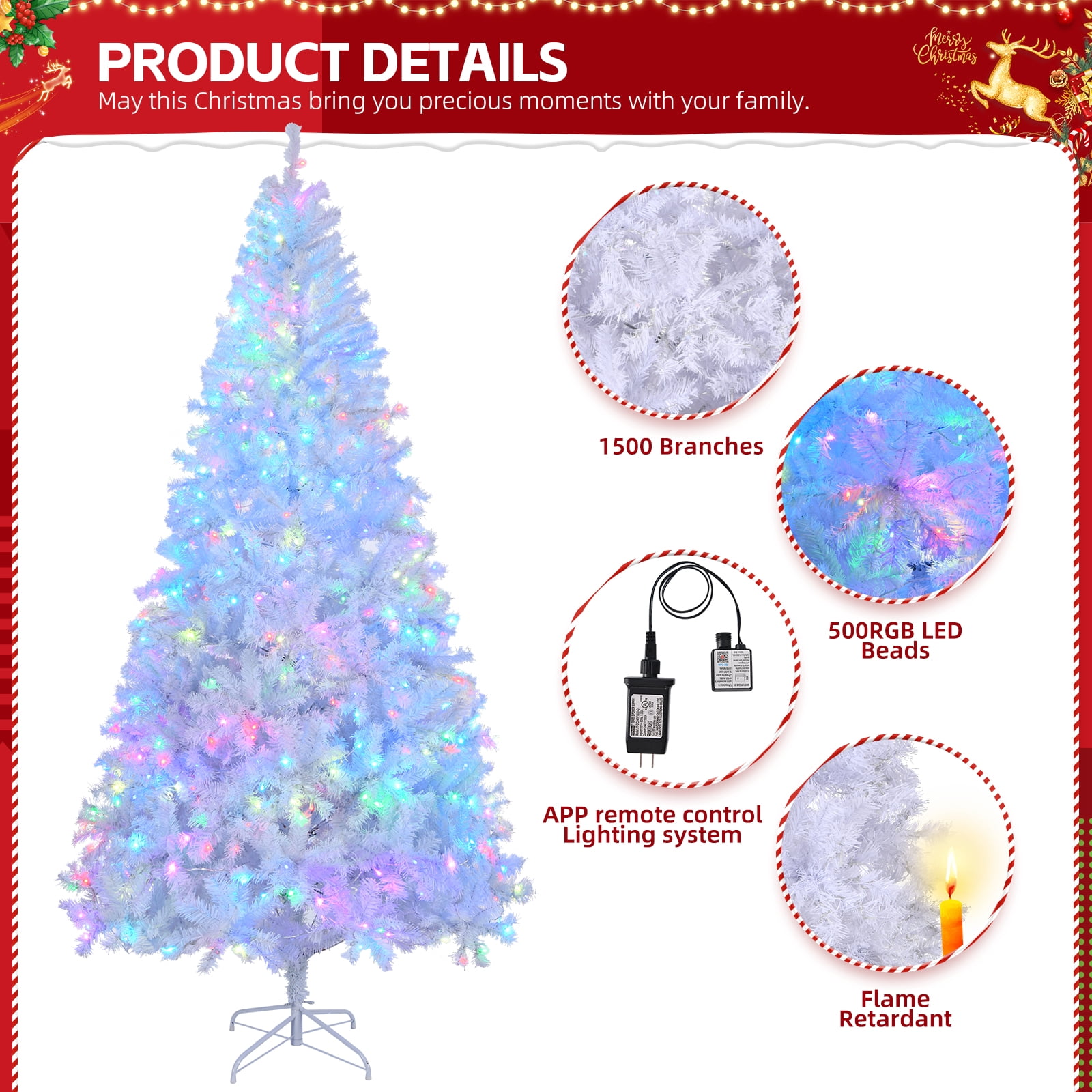 Astoutdoor 8 ft Pre-lit Artificial Christmas Tree with 500 RGB Lights, 1500 Branch Tips, White