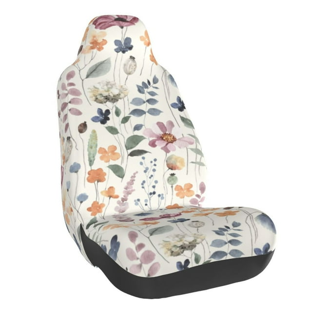 Wukai Watercolor Floral Full Set Car Seat Covers with Soft Padding Universal Auto Front Seats Protector and Cushion Mat