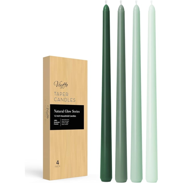 Taper Candles 12 Inch Green Set of 4 Unscented, Dripless, Smokeless Long Tall Tapered Candlesticks Wedding Advent Home Decor Dinner Christmas-Natural Color Series