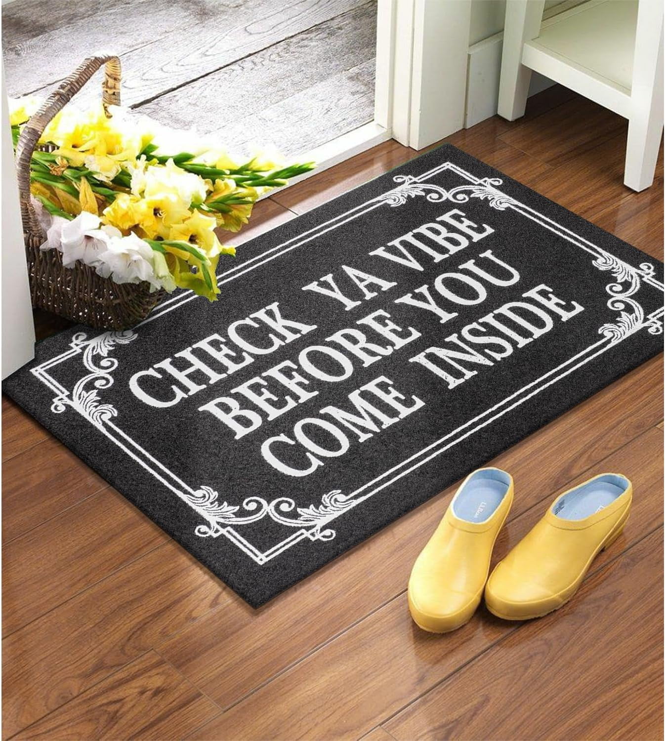 Indoor Door Mat Welcome Mats for Front Door Outdoor Entry Black Doormat, Check Ya Vibe Before You Come Inside This House Doormat, Non Slip Rubber Farmhouse Mats 28" x 18"