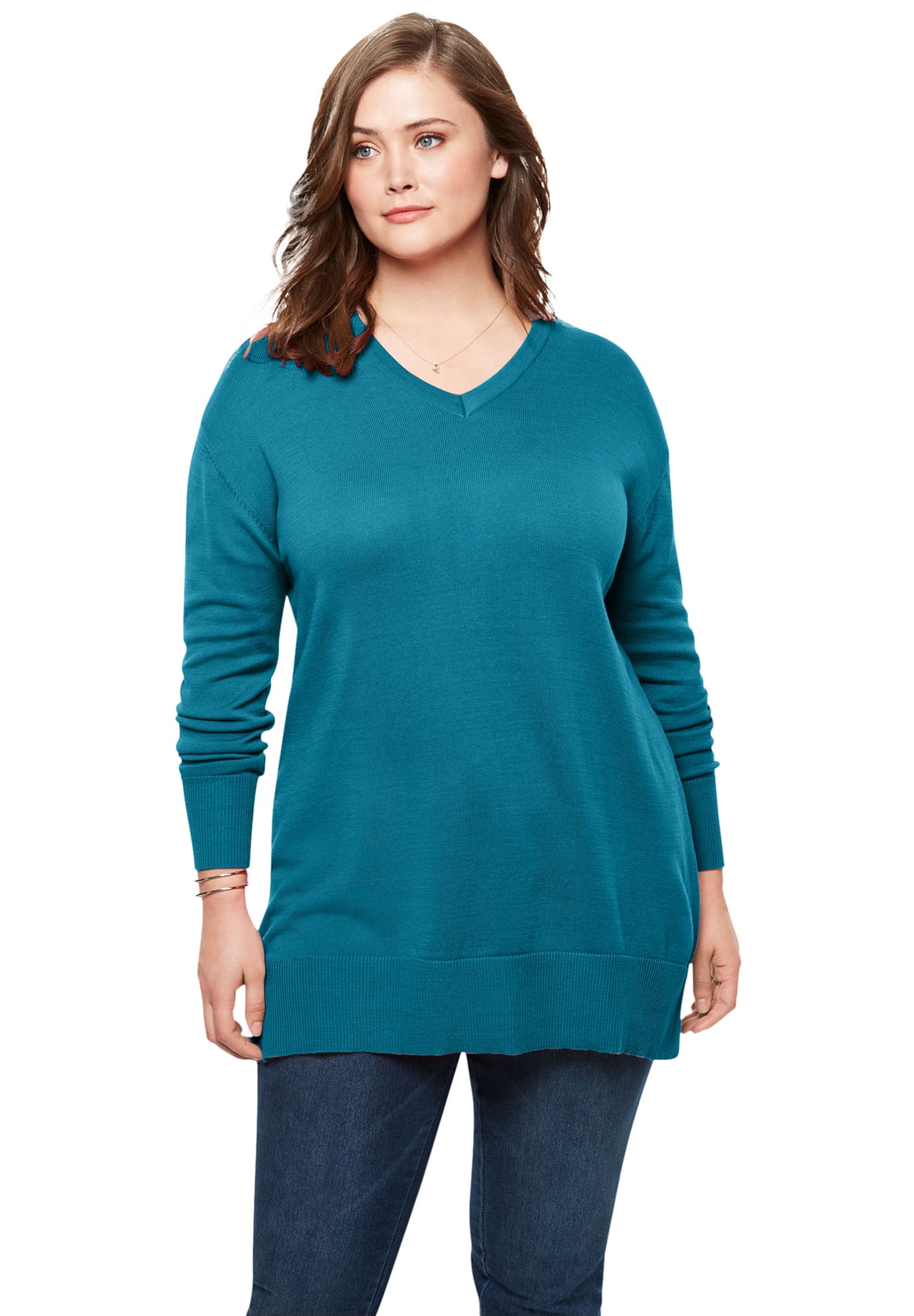 Woman Within Womens Plus Size Perfect Cotton V-Neck Sweater