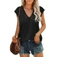 thumbnail image 3 of Bigersell Women T-shirts Women's Summer Solid Color Sleeveless Blouses Summer Lace V-Neck T-shirts Tops Big & Tall Button-Down Scoop Neck Short Sleeve Summer Tops Style B31887, Black M, 3 of 9