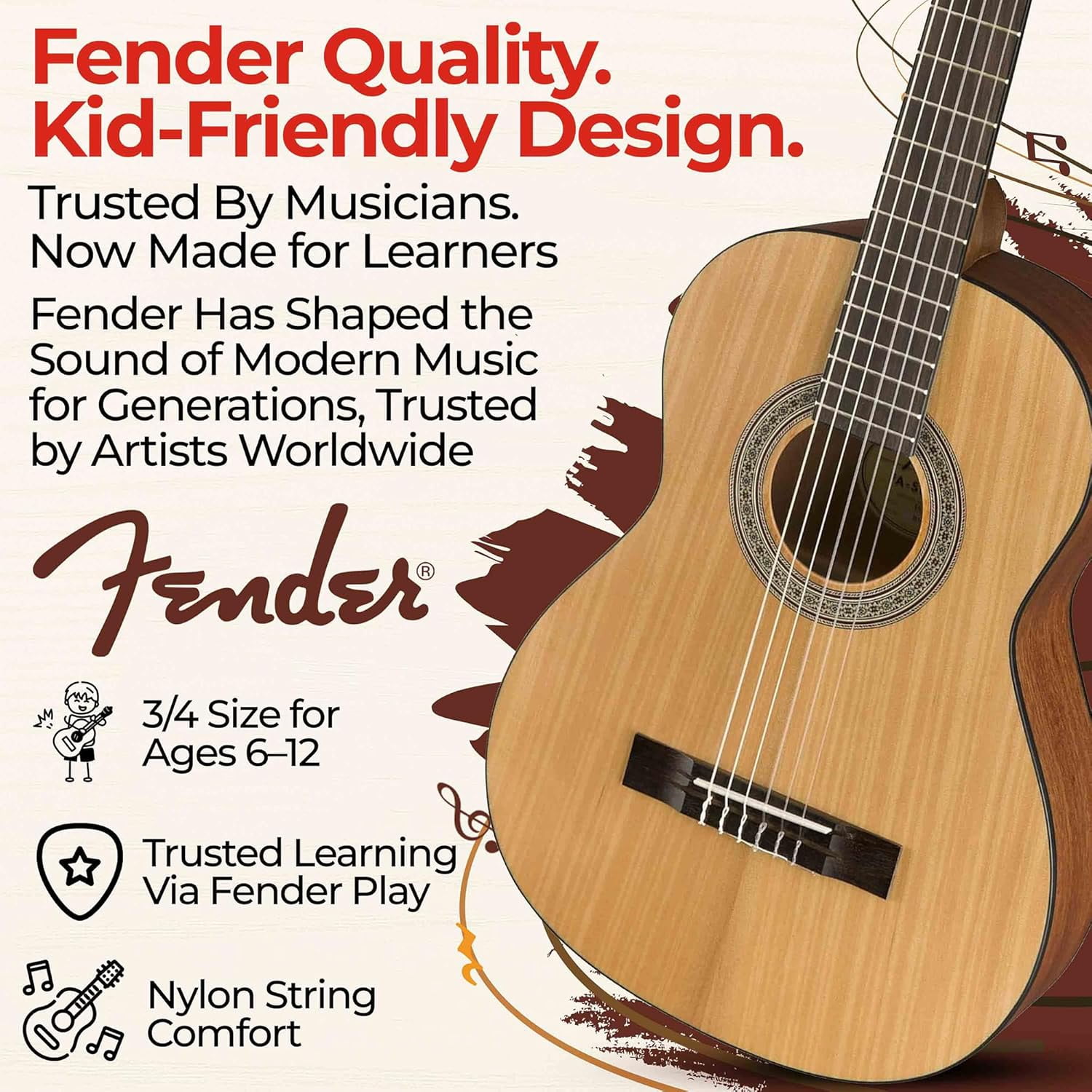 Fender FA-15N 3/4-Size Kids Classical Guitar - Natural Learn-to-Play Bundle with Gig Bag, Tuner, and Austin Bazaar Instructional DVD