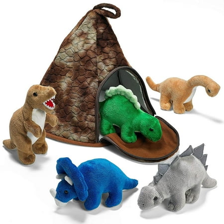 Prextex Plush Soft and Cuddly Dinosaur Volcano House with Plush Dinosaurs Great Christmas Gift For Kids Pack of 5