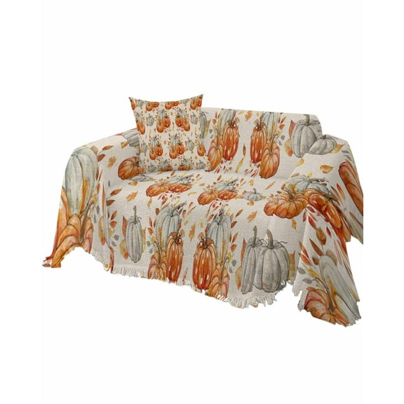 Orange White Boho Pumpkins Sofa Couch Covers for Dog,Washable Sectional Couch Slipcovers for Loveseat with Tassels,Fall Thanksgiving Maple Leaf Non Slip Sofa Throw Cover Blanket Large 71''x102''