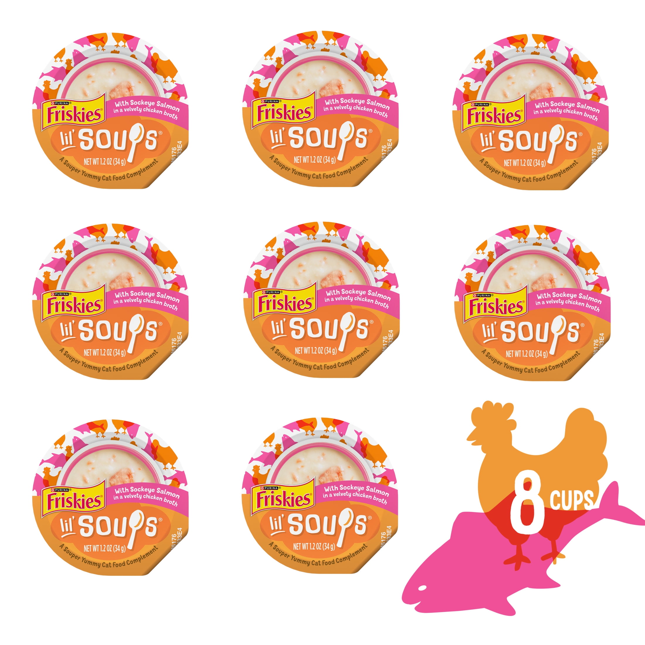 Purina Friskies Grain Free Lickable Cat Food Toppers Lil’ Soups With Sockeye Salmon in Chicken Broth, 1.2 oz Cups