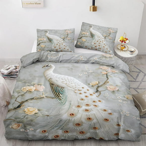 Ropa de cama Super King Size, pavo real Pájaro Floral Funda Nórdica 3 Piezas, Flor