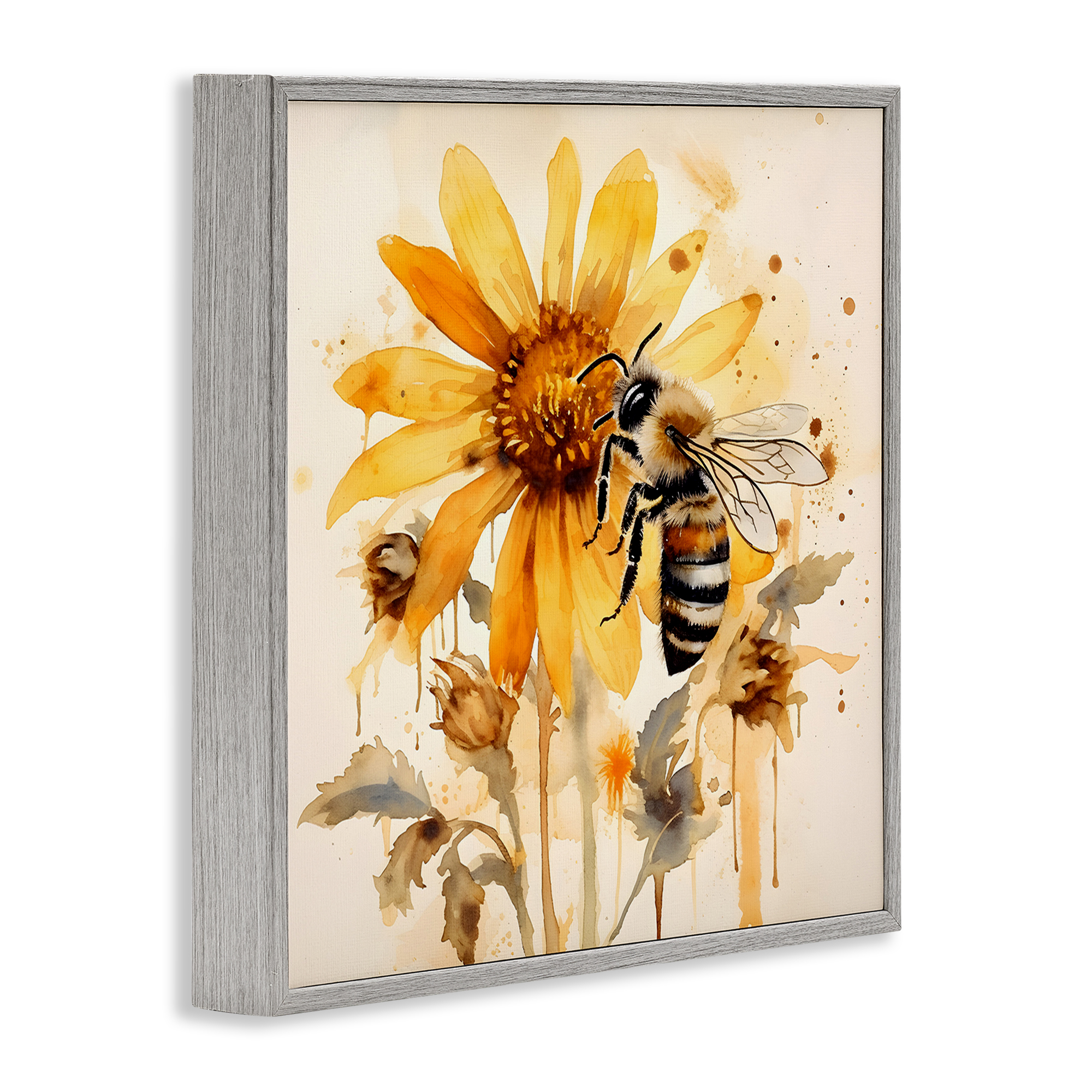 Stupell Industries Busy Bee with Flower Animals & Insects Painting Gray Framed Art Print Wall Art, 24 x 24