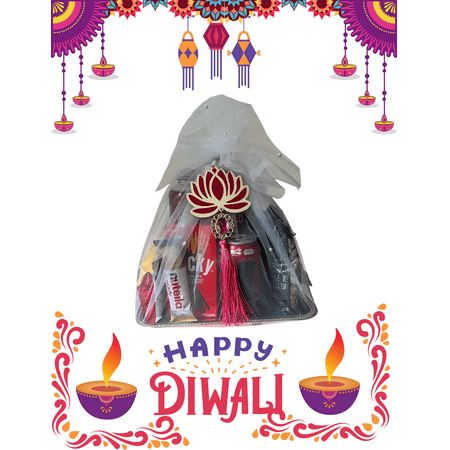 Diwali Premium Gift Hamper – Festive Snack & Treat Basket | Wrapped elegantly in a white net with a decorative lotus charm and tassel