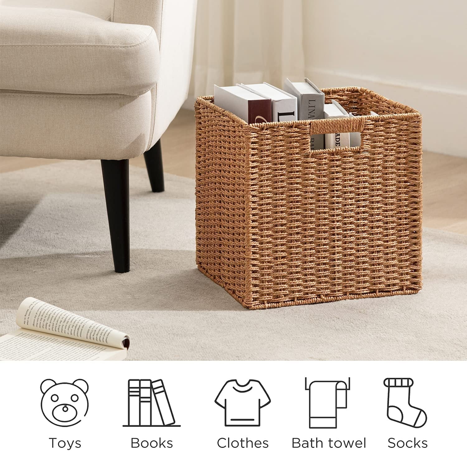 Brown Wicker Storage Basket Large, 12X12X10in Cube Woven Wicker Storage  Basket for Shelves, Pantry Baskets Organization and Storage Set of 3,  Kitchen