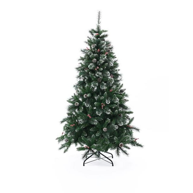 LuxenHome WHAP1655 Arbre de Noël Artificiel à LED Pré-Éclairé de 6 Pieds avec Pommes de Pin et Baies de Houx Rouges