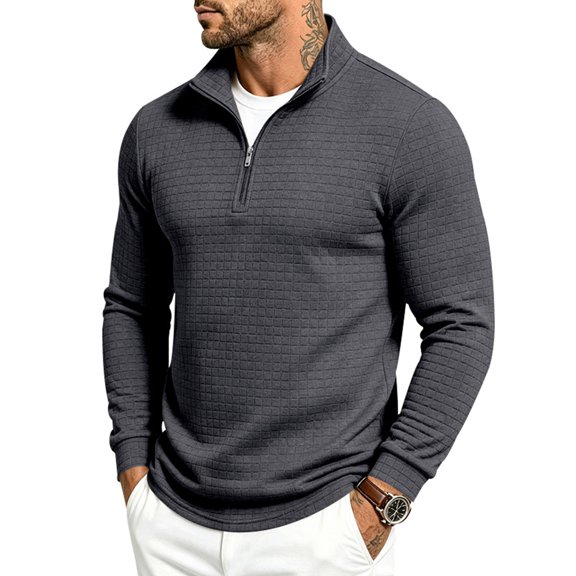 Domuza Quarter Zip Pullover Sweatshirt for Men, Waffle Knit Mock Neck Polo Sweater, Fashion Winter Long‑Sleeve Casual Tops