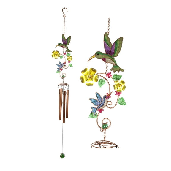 Hummingbirds Hovering Over Nectar Flowers Art Glass Gemstones Metal Wind Chime