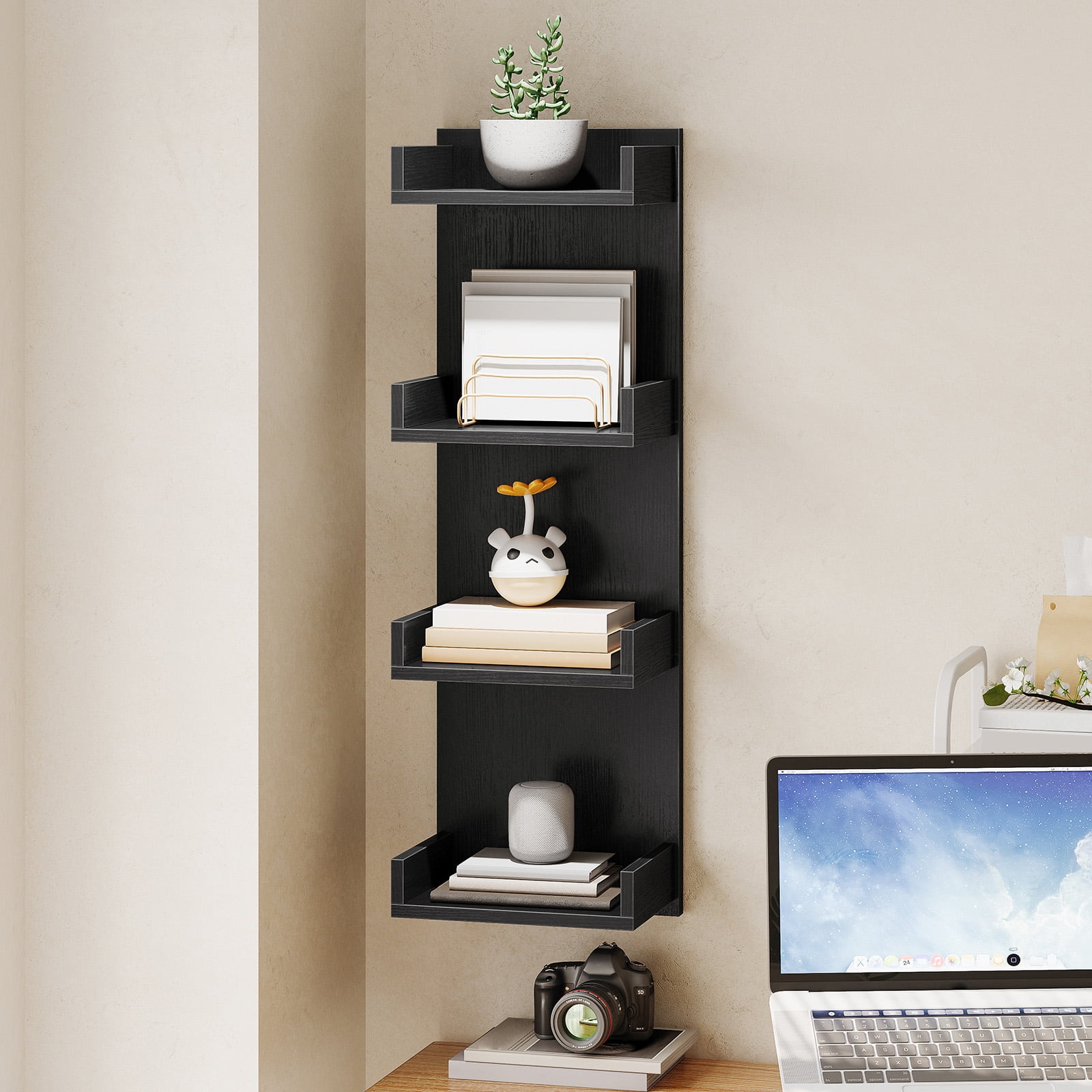 Vertical 4-Tier LED Floating Wall Shelves, Black