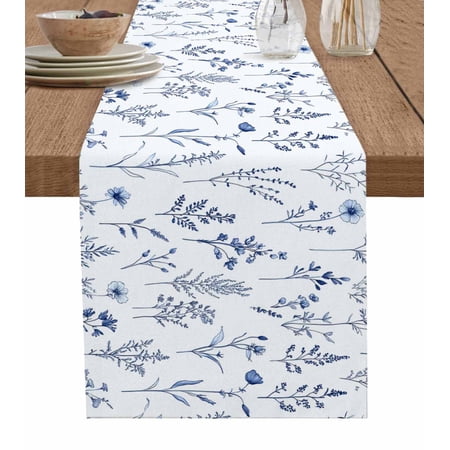 Blue Flowers Table Runner 120 Inches Farmhouse Spring Botanical Flowers Herbs Bed Runner Dresser Scarves Tabletop for Indoor Outdoor Parties/Ceremony/Banquet 13 x 120