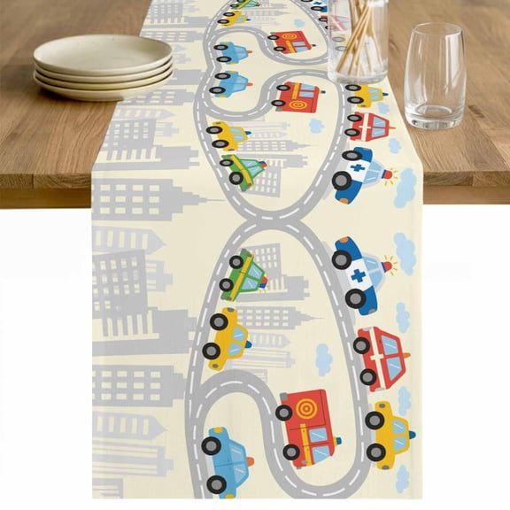 Beige Childlike Fun Table Runner - 36 Inch Long Abstract Modern City Car Silhouette Cotton and Linen Blended Dress Scarves Farmhouse Table Runner for Kitchen Dining, Coffee Table, 13" x 36"