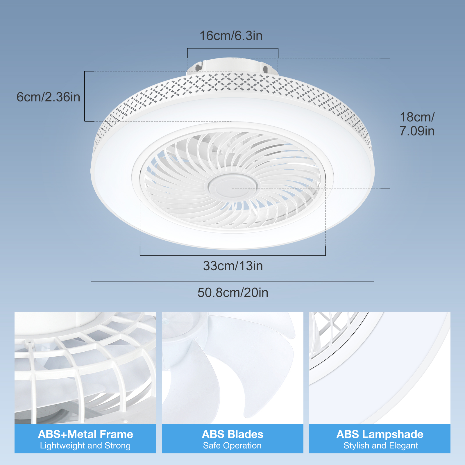 BLITZWILL 20 in Round Ceiling Fans with Lights, Dimmable Color Temperature and 6 Speeds, Remote & APP Control, Flush Mount Bladeless Reversible Motor, White