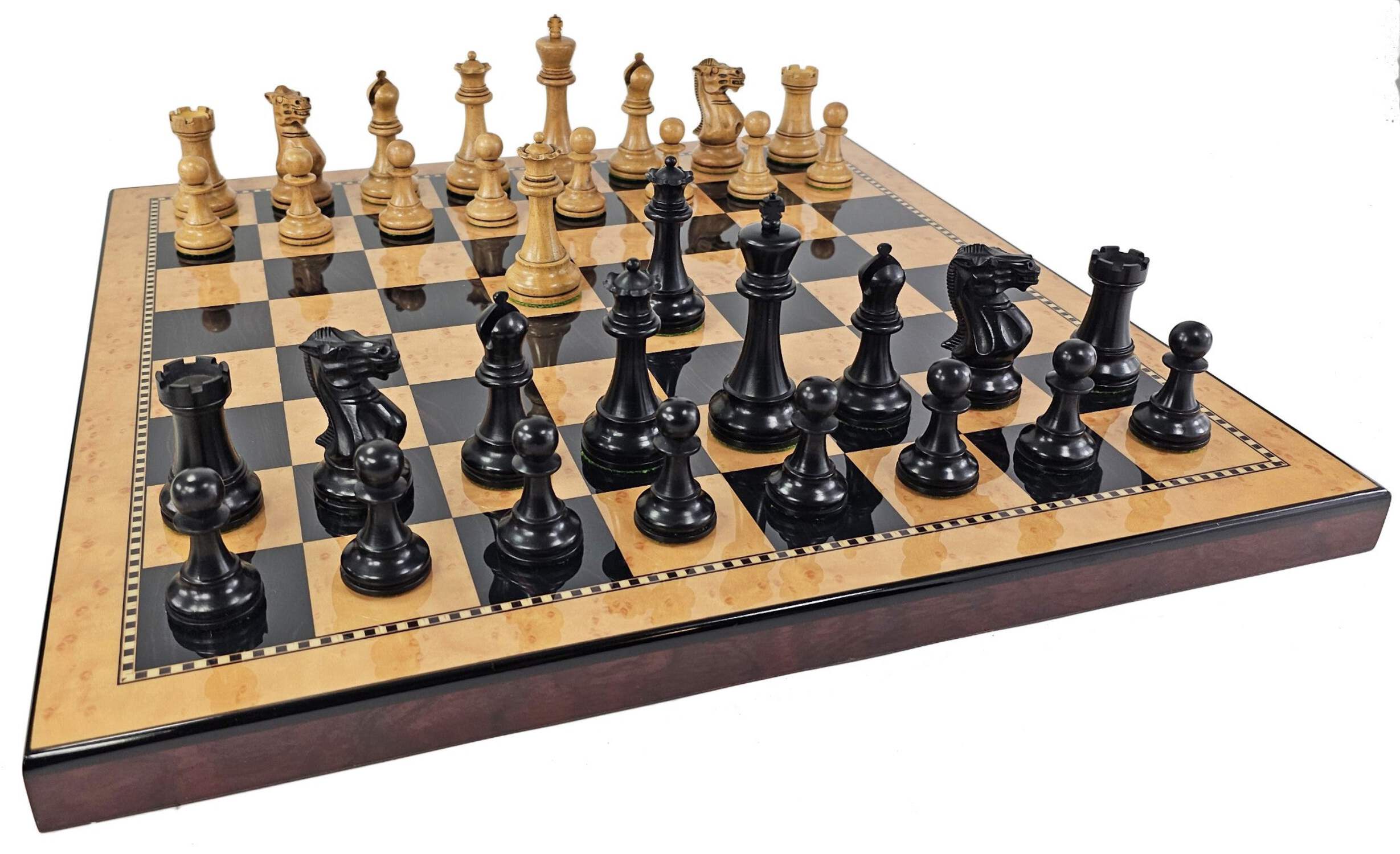 Black / Antiqued 3 3/4" Anderssen Staunton Wood Chess Set 18" Walnut Color Board
