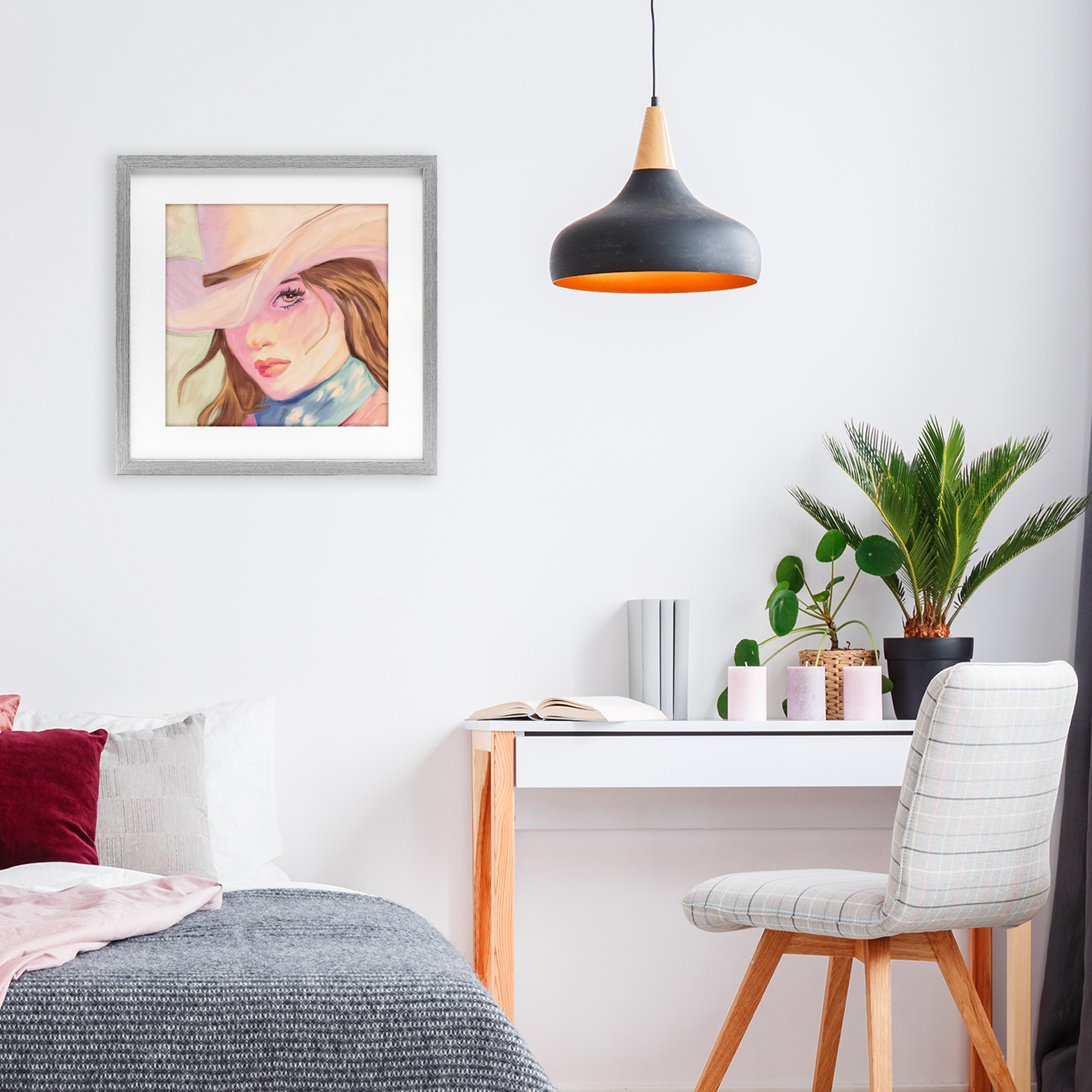 Pastel Cowgirl Brunette Gray Framed Print Under Glass, design by Kim Allen