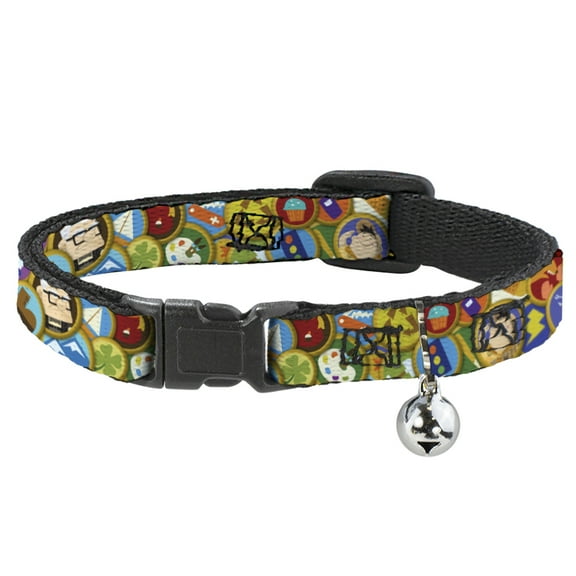 Disney Breakaway Cat Collar With Bell, Plastic Clip, Easy Adjustable, Stacked Wilderness Explorers Badges, 8.5 to 12 Inches 0.5 Inch Wide