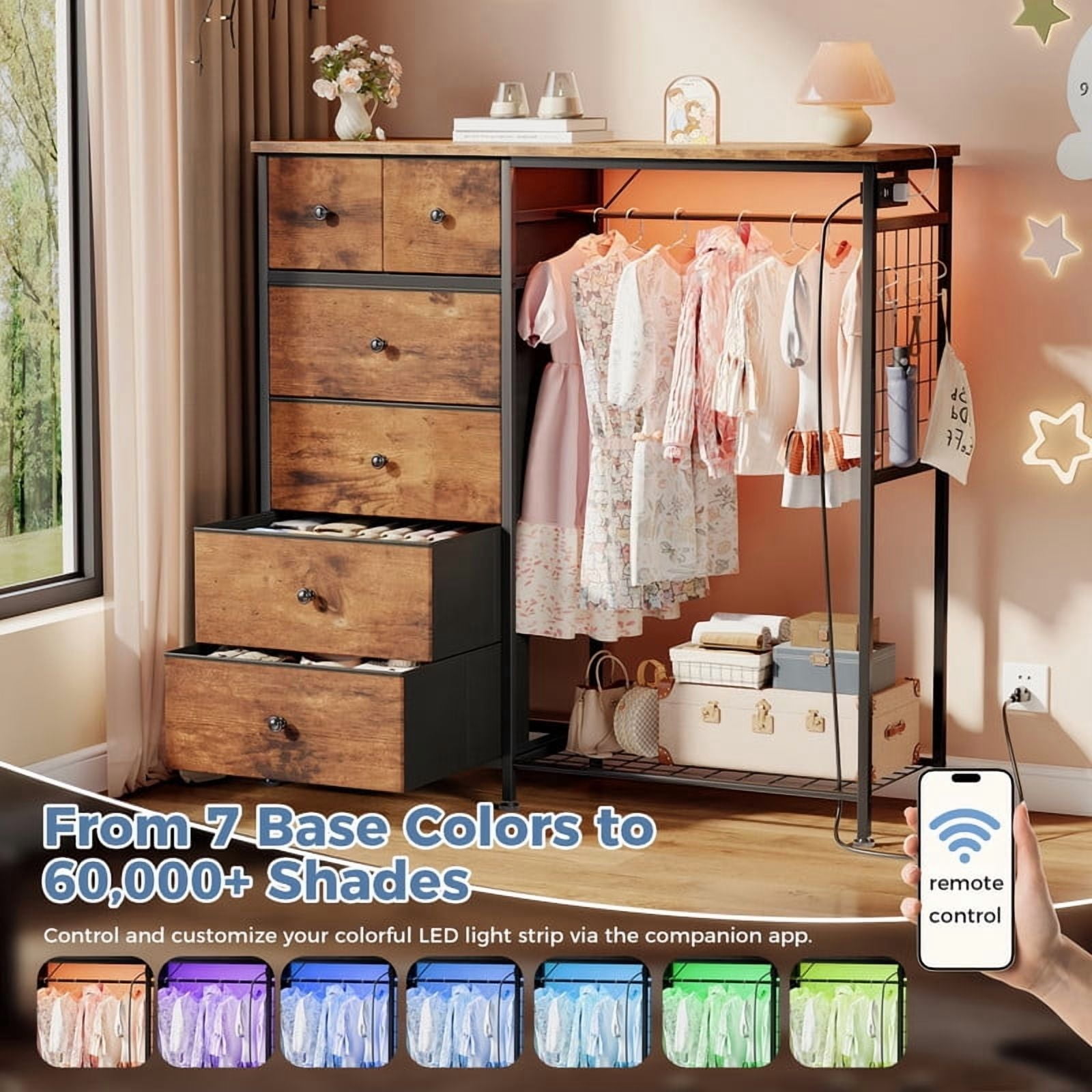 Kelno 6 Drawer Dresser with Hanging Rack LED Lights Charging Station Fabric Closet Organizer Storage Tower, Rustic Brown
