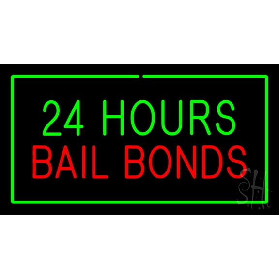 24 Hours Bail Bonds with Green Border LED Neon Sign 20 x 37 - inches, Black Square Cut Acrylic Backing, with Dimmer - Bright and Premium built indoor LED Neon Sign for Defence Force.