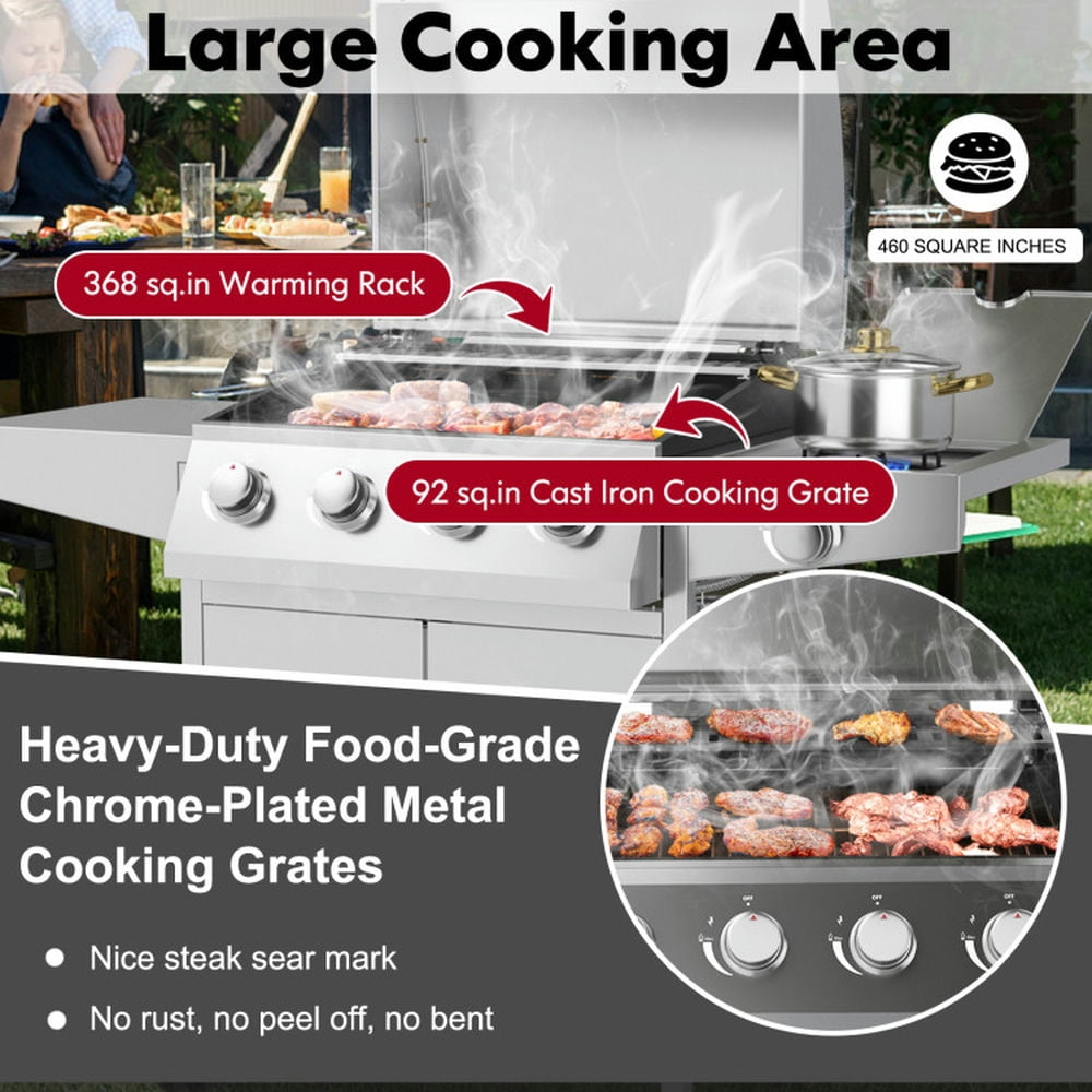 Yardi Yard 50000BTU 5-Burner Propane Gas Grill with Side Burner and 2 Prep Tables-Silver, Camping Stove for Outdoor Cooking