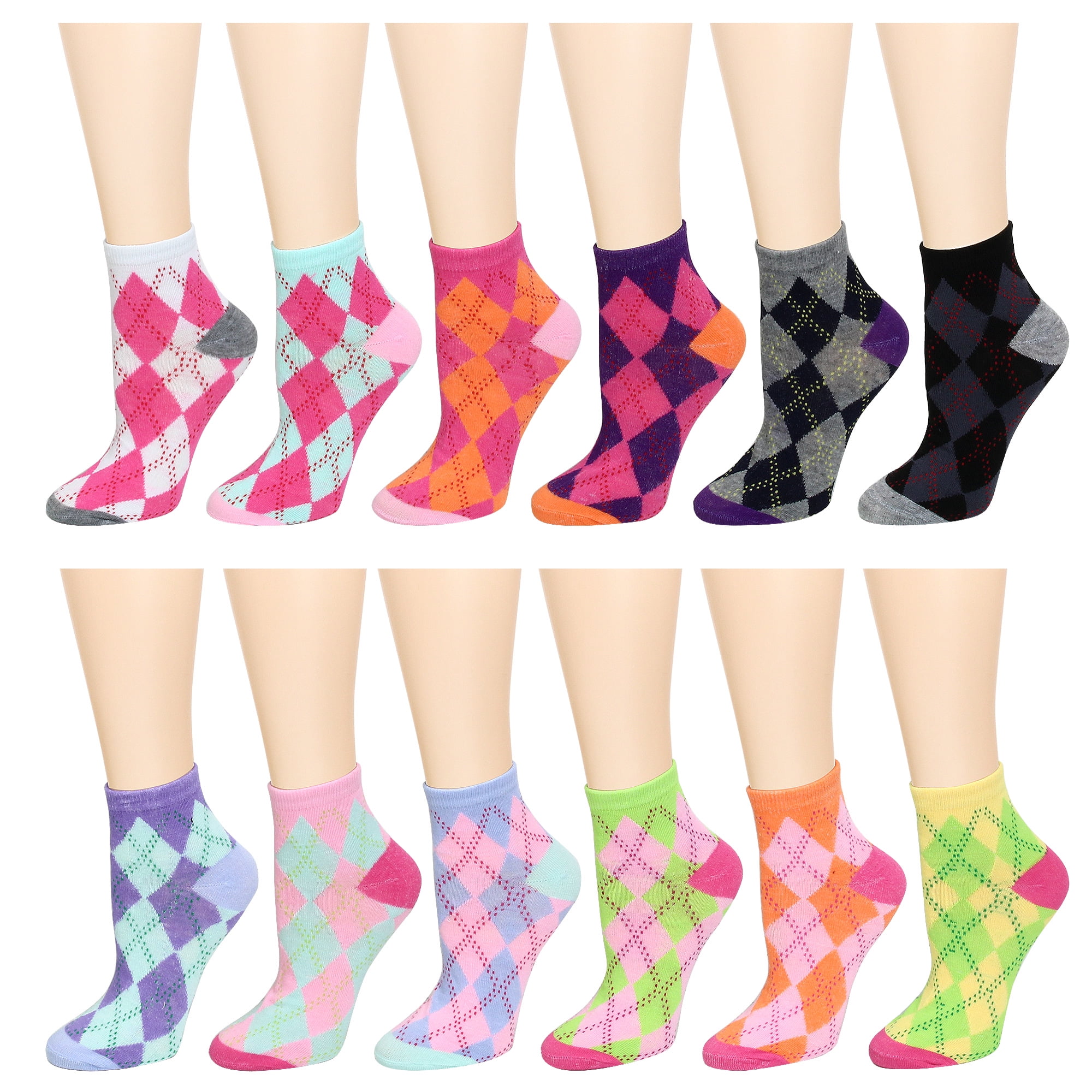 12 Pairs Assorted Colors Women's Ankle Socks Size 911 Argyle