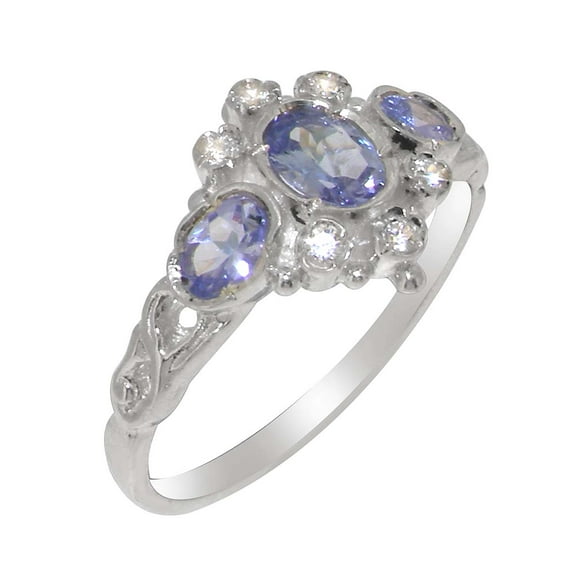 LBG English Made 925 Sterling Silver Natural Tanzanite & Cubic Zirconia Womens Anniversary Ring - Size 10