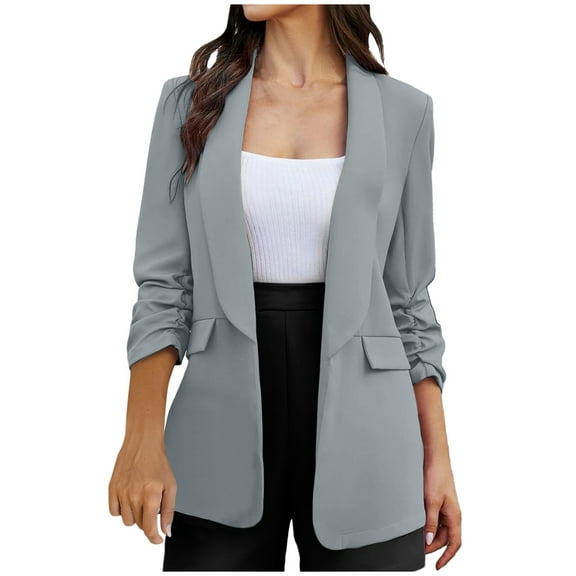 QQAMB Women's Blazer Long Sleeve Slim Suit Jacket Open Buckle Free Fit Work Office Cardigan Coat Overcoats Blue L