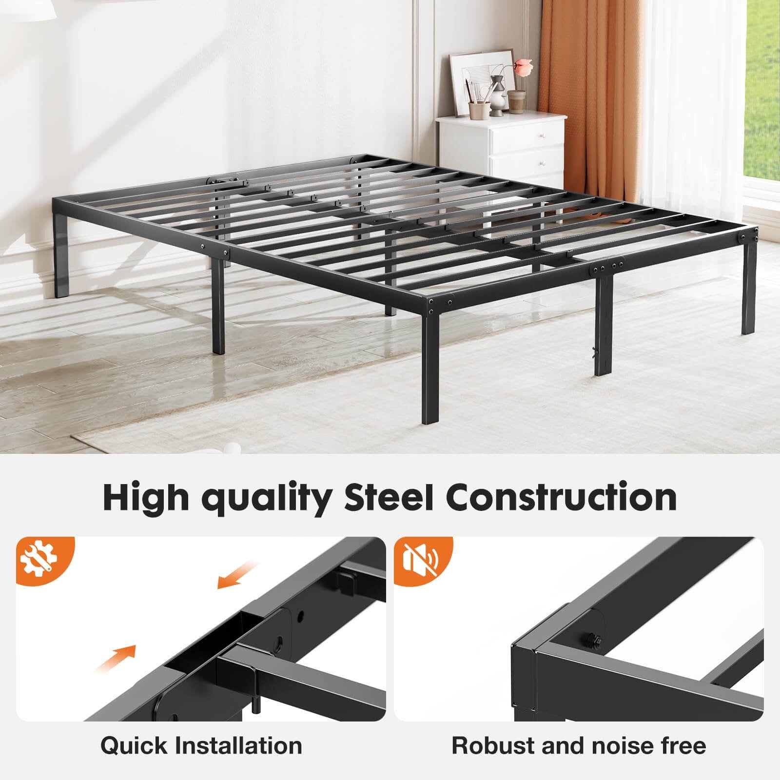 JONPONY 14 Inch Heavy Duty Metal King Bed Frame, No Box Spring Needed, Platform with Large Storage Space, Easy Assembly, Noise Free, Sturdy Steel Slat Support, Black