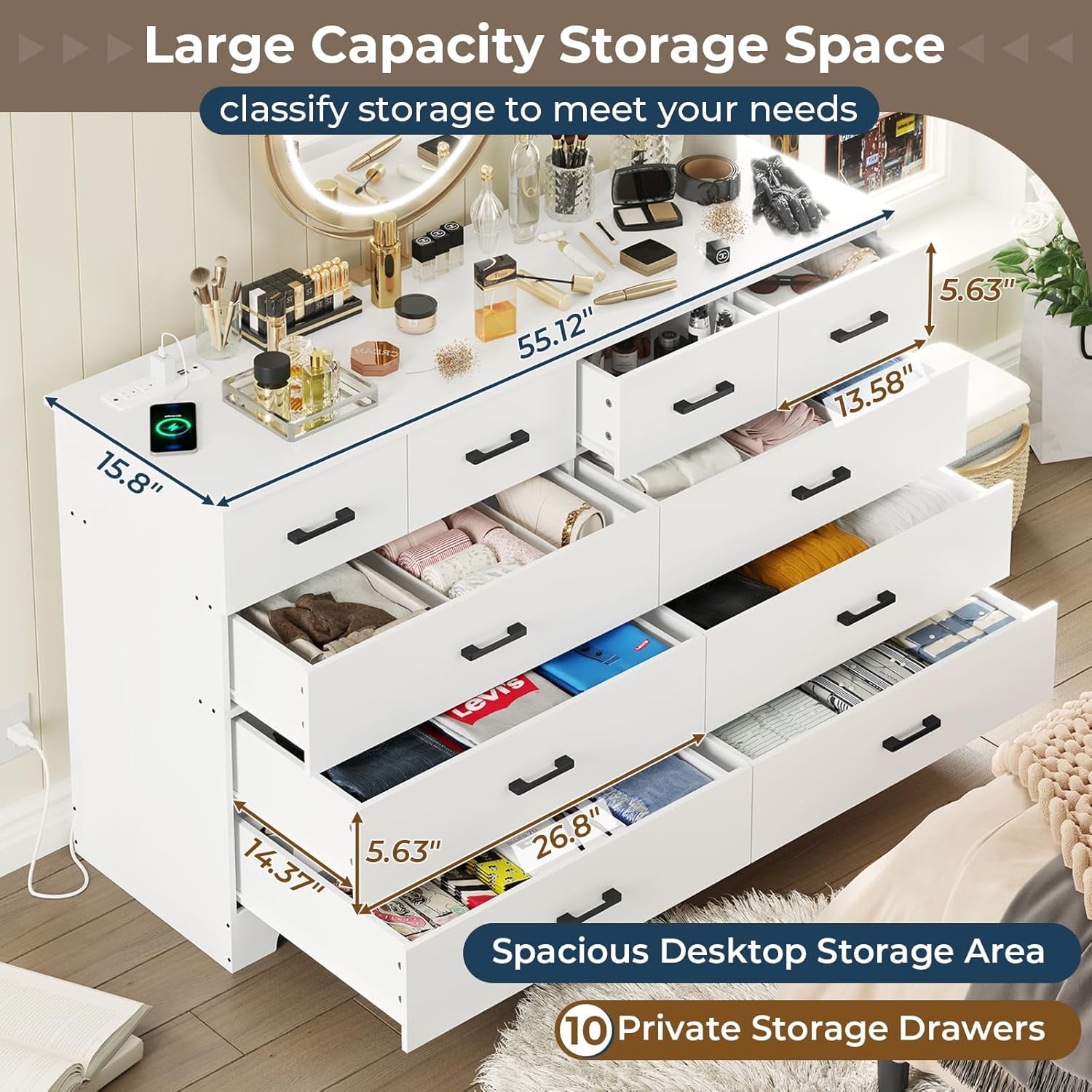 White Dresser for Bedroom 10 Drawers Dresser & Chest of Drawers with Power Outlets, Modern Wood Storage Cabinets & TV Stand for Living Room Hallway