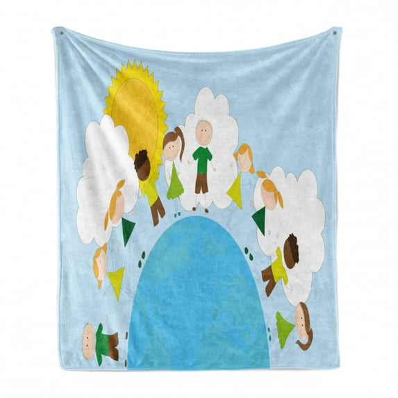 World Soft Flannel Fleece Throw Blanket, Smiling Kids over Planet Drawing All Children of the World Happy Friendship Peace, Cozy Plush for Indoor and Outdoor Use, 50" x 70", Multicolor, by Ambesonne