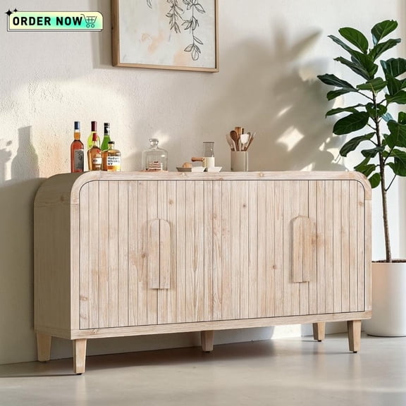 Tcbosik 4-Door Modern Storage Cabinet, Buffet Sideboard with Adjustable Shelves, Coffee Bar Cabinet, Cupboard for Kitchen, Dining Room, Living Room, Antique White & Natural
