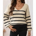 thumbnail image 6 of Women'S Casual Fall Sweaters Long Sleeve V-Neck Backless Striped Casual Knit Sweater for Women Apricot & Black M, 6 of 9