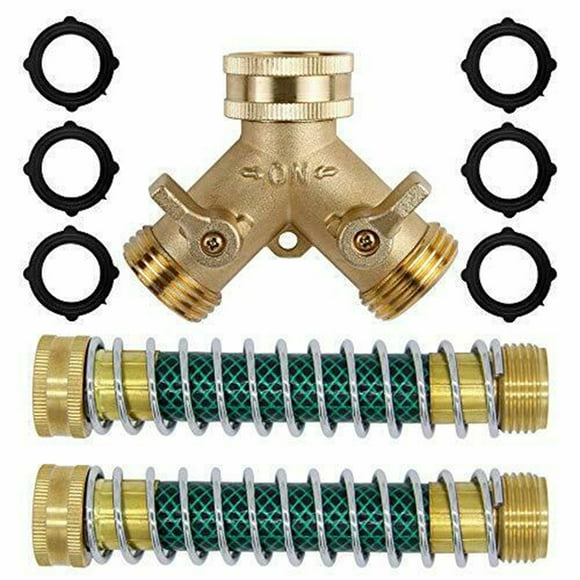 3/4'' Brass 2-Way Hose Splitter Garden Hose Connector + 2Pcs Hose Coiled Spring Protectors +