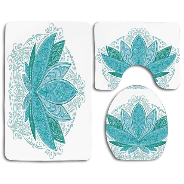 ABPHQTO Loto Flor Loto Adornos Étnicos Pétalos Exóticos Mehndi Tradicional Boho Juego de alfombras de baño de 3 piezas Alfombra de baño Alfombra de contorno y tapa de inodoro ABPHQTO Cont-CHAPPLE-20522