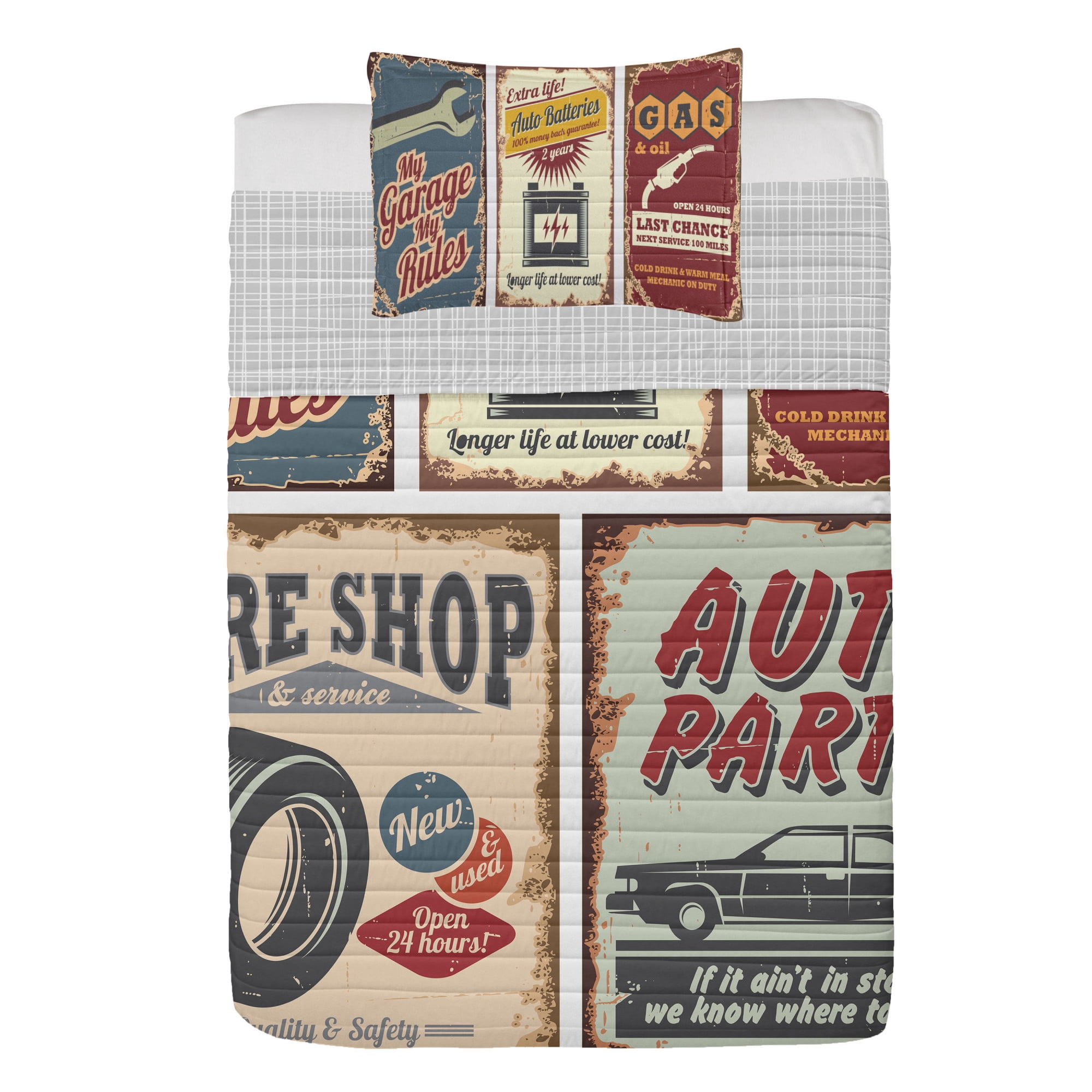 1950s Reversible Bedspread Set, Vintage Car Signs Automobile Repair