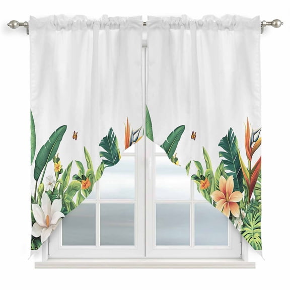 Green Tropical Botanical Swag Curtains Summer Floral Leaves Swag Valances for Kitchen Windows, Window Treatment Topper Curtains for Living Room Bedroom Bathroom, 36" W x 63" L