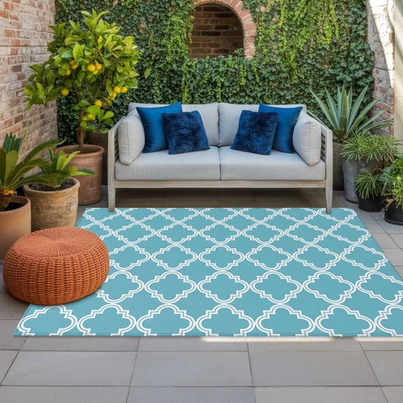 Outdoor Rug 3x5 ft Moroccan Pattern Outdoor Large Area Rug Non Slip Rubber Blue Geometric Trellis Front Door Mat RV Rug Camping Carpet Patio Outdoor Rugs for Backyard Balcony Deck Porch Indoor