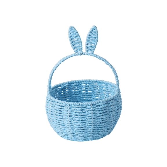 Handmade Easter Basket with Handle, 10.2" Bunny Rattan Woven Basket, Rabbit Ear Straw Wicker Easter Egg Candy Basket for Easter Egg Hunting, Picnics, And Storage, Easter Gift (Blue)